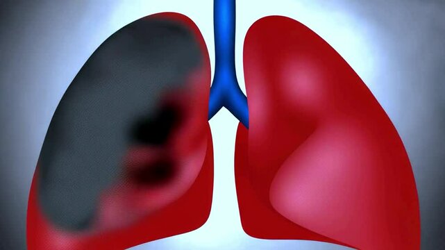 4K medical animation of diseased lungs showing lung damage, smoking effects, respiratory illness, blackened tissue, COPD, lung cancer, and pulmonary disease for healthcare education