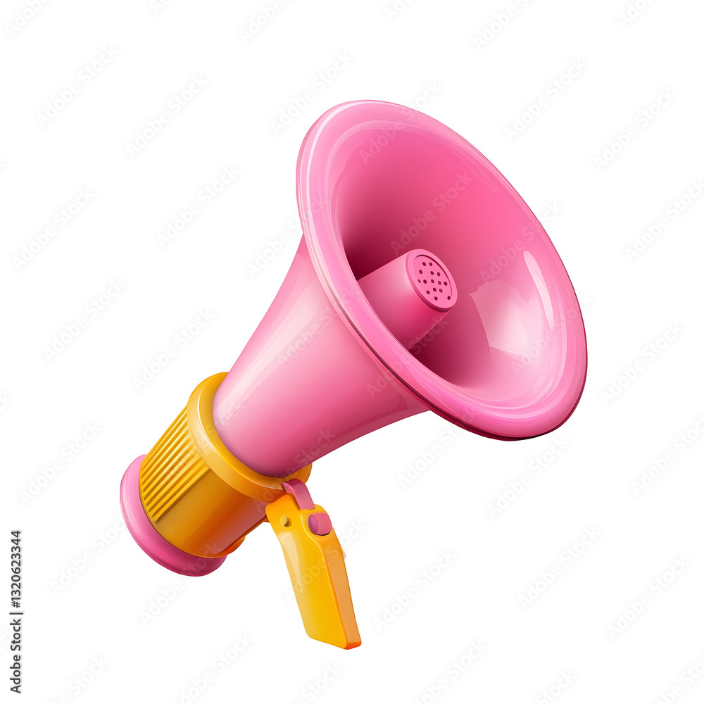 Poster Highly detailed of a pink and yellow metallic megaphone with shiny textured surfaces perfectly isolated on a transparent background  This image can be used for audio communication marketing