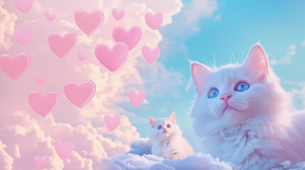 top is pink heart-shaped cartoon hearts with an aesthetic pastel background, on the bottom is a cute cat and fluffy clouds, screenshot from a clip art collection.