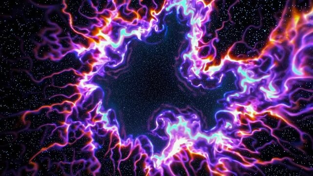 Cosmic energy surges through vibrant nebula with twisting electric currents