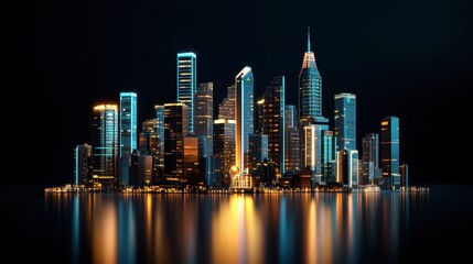 Modern Urban Skyline at Night with Reflections on Water and Illuminated Buildings