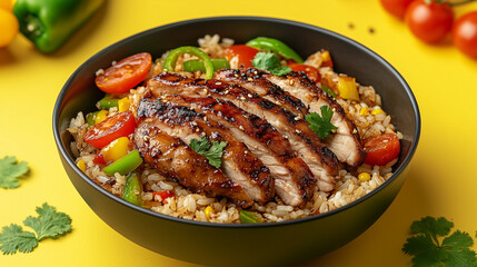 Sichuan-style grilled chicken with rice, surrounded by sliced green peppers and red tomatoes on a yellow background. Close-up of a bowl of hot Mexican-style fried rice with a brown sauce