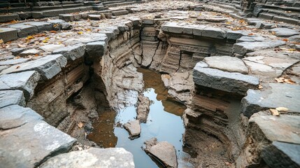 Fototapeta premium A massive crack tearing through the foundation of an ancient temple, with artifacts scattered nearby
