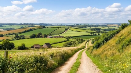 Obraz premium Scenic Country Lane Through Rolling Hills Under Sunny Sky