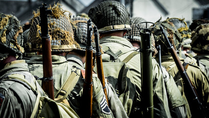 Second world war commemoration at SAINTE MERE L'EGLISE In Normandy, FRANCE. Armed troop soldiers...