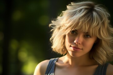 Naklejka premium A blonde woman with short hair is smiling at the camera
