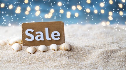 Tropical beach scene with a golden sand backdrop, adorned with elegant holiday lights and ornaments, space for text overlay, holiday announcement design