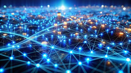 Obraz premium Aerial View of Abstract Blue Cable Network, Futuristic Digital Pathways with Bokeh