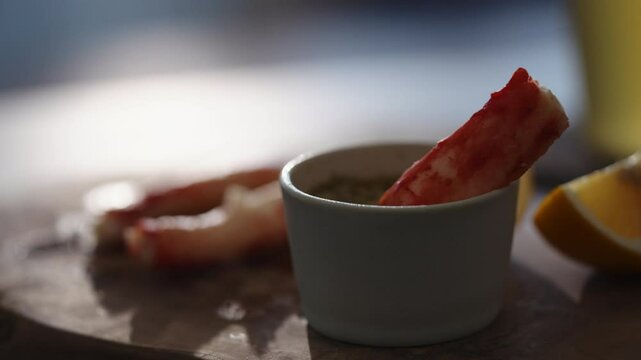 Slow motion gimbal shot of crab leg meat on a olive board with sweet lemon and dip sauce on concrete countertop