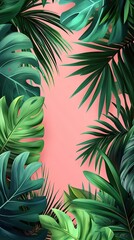 Fototapeta premium Enjoy a lively tropical party backdrop featuring lush green leaves and a soft pink hue, perfect for celebrations and gatherings