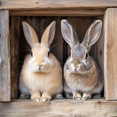 Obraz premium Rabbits in wooden hutch