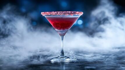 Vampire-themed martini glowing under dim blue light, crystalline red sugar rim, smoke swirling dramatically around it, gothic elegance
