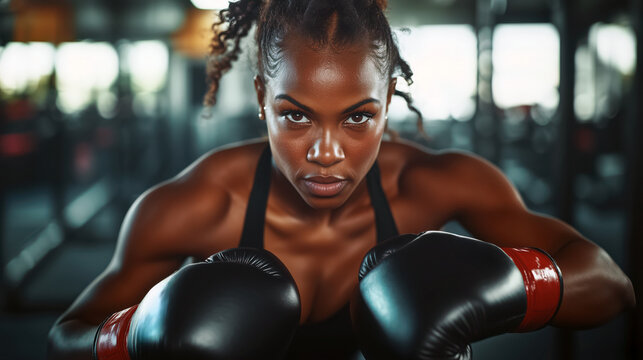 African American confident female boxer with black gloves in gym. - Powered by Adobe