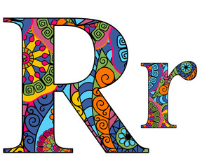 Vector image letter of the English alphabet with colorful vintage hand drawn pattern isolated on transparent background