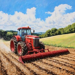 Naklejka premium Red tractor plowing farmland