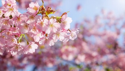 Obraz premium Full bloomed pink cherry blossoms. Sunny spring weather.
