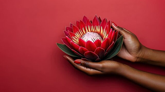 Close-up of Hands Cradling a Vibrant Protea Flower on Red Background