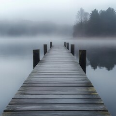 Fototapeta premium Misty lake dock. Tranquil morning