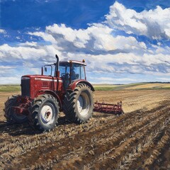 Obraz premium Red tractor plowing farmland