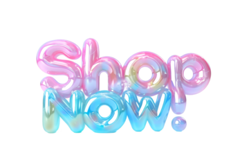 Shop Now in Floating 3D Bubbles with Puffy Glossy Text Isolated on Transparent Background