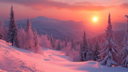 A breathtaking sunrise casts warm hues over a pristine snowy mountain range. Frosted trees frame the scene, creating a serene winter landscape at dawn