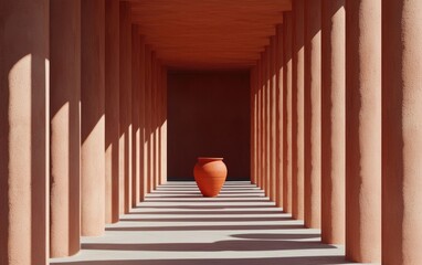 Fototapeta premium Terracotta amphora in a sunlit corridor with textured coral columns. Minimalist architectural design with warm tones and long shadows