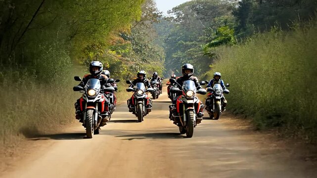 Motorcycle Riders on Rural Route: Group Adventure through Scenic Forest Landscape