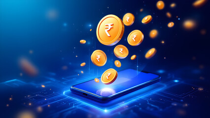 Digital Payment and Online Currency Transfer Concept – 3D Illustration of Indian Rupee Coins Emerging from Smartphone on Futuristic Financial Technology Background