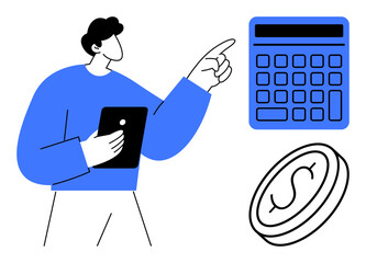 Person holding tablet pointing at calculator, next to a coin with dollar sign. Ideal for finance, budgeting, accounting, money management, savings, digital tools financial planning. Flat simple