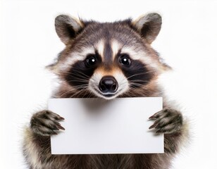 Obraz premium a cute raccoon holding up a blank white sign with both paws against a white background