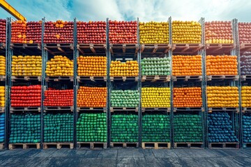 Colorful fruit display in warehouse fresh produce industrial setting
