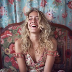 Fototapeta premium Young blonde woman with long wavy hair laughing in nature, wearing a cozy brown sweater. Her joyful expression and the autumn foliage create a warm and relaxed outdoor atmosphere.