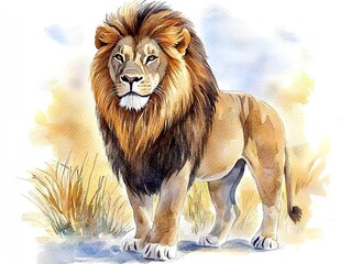 Obraz premium Majestic lion artfully illustrated in watercolor style, isolated on a pristine white background