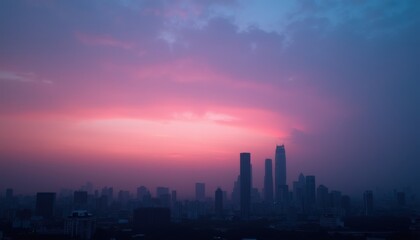 Obraz premium Hazy City Sunset Silhouette
