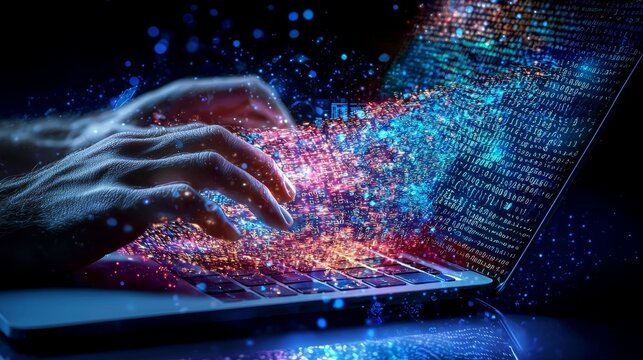 Close-up of a programmer's hands coding on a sleek laptop, holographic binary code flowing around, minimalistic cyber theme, deep blue background