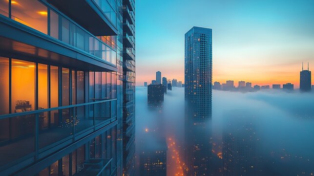 Chicago's downtown skyscrapers are slowly being covered in fog, with a modern glass skyscraper and balconies in the foreground and a glimpse of Lake Michigan in the background.