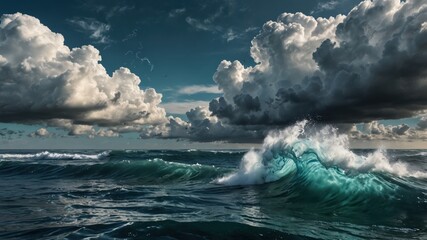 Naklejka premium Ocean wave crashing under a cloudy sky