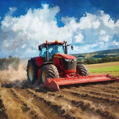 Fototapeta premium Red tractor plowing farmland