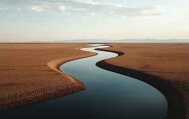Fototapeta premium Arid landscape with a meandering stream of dark blue water cutting through tan sand under a pale sky. The water reflects the light, creating subtle highlights