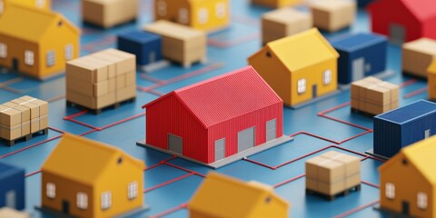 Fototapeta premium Ecommerce platform drop shipping concept. Colorful miniature houses with boxes on a blue surface.