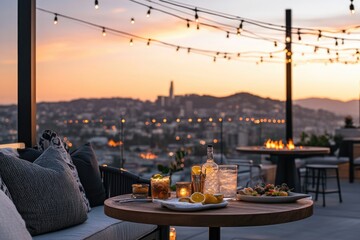 stylish rooftop bar in downtown los angeles at sunset with friends enjoying cocktails while city skyline glows in warm