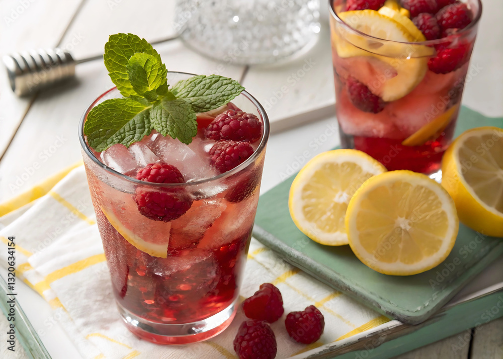 Poster A refreshing beverage made from raspberries and lemon is featured in the image, served in two glasses with ice.