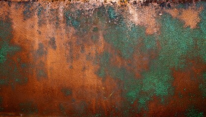 Fototapeta premium Metal surface with patina aged copper or brass sheet with greenish oxidation spots and fine