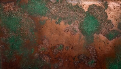 Metal surface with patina aged copper or brass sheet with greenish oxidation spots and fine