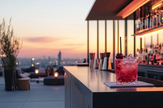 stylish rooftop cocktail bar at sunset where bartenders craft vibrant cherry-red cocktails under glowing golden lights