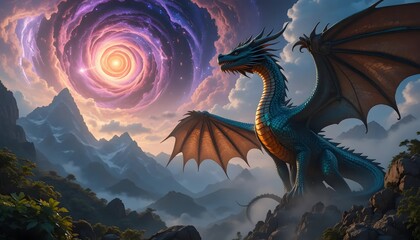 Majestic Blue Dragon Overlooking a Glowing Vortex in a Fantasy Landscape