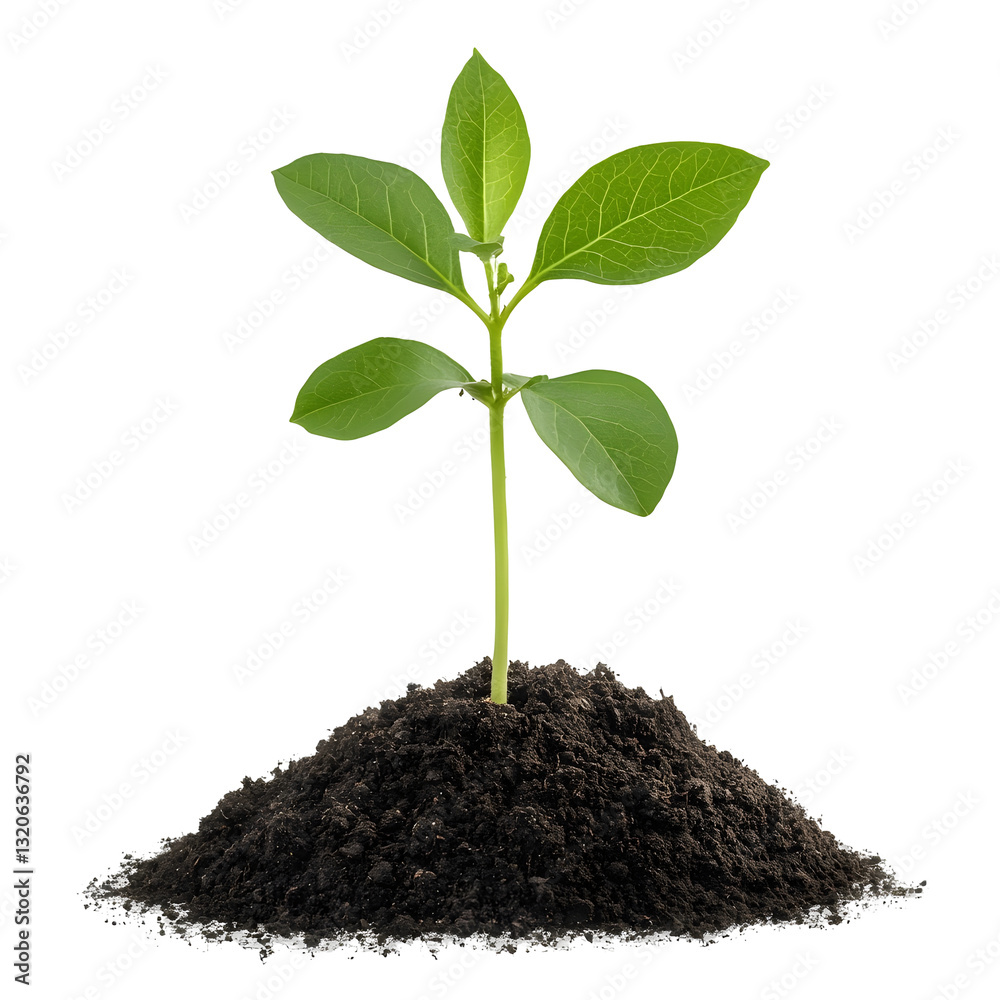 Fototapete Close up image of a single plant with a strong central stem and two symmetrical green leaves sprouting from a mound of rich dark soil on a transparent background  This image represents the growth