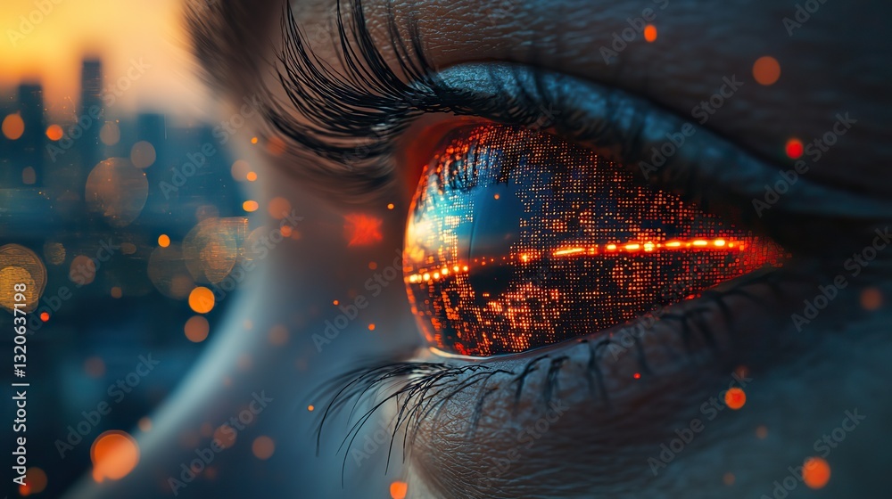 Sticker close-up of a man's eye with futuristic vision tech scanning data streams against a blurred sunset c