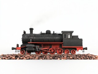 Naklejka premium Black steam locomotive with smokestack on railway tracks representing historical transportation industrial progress and the power of early rail engines