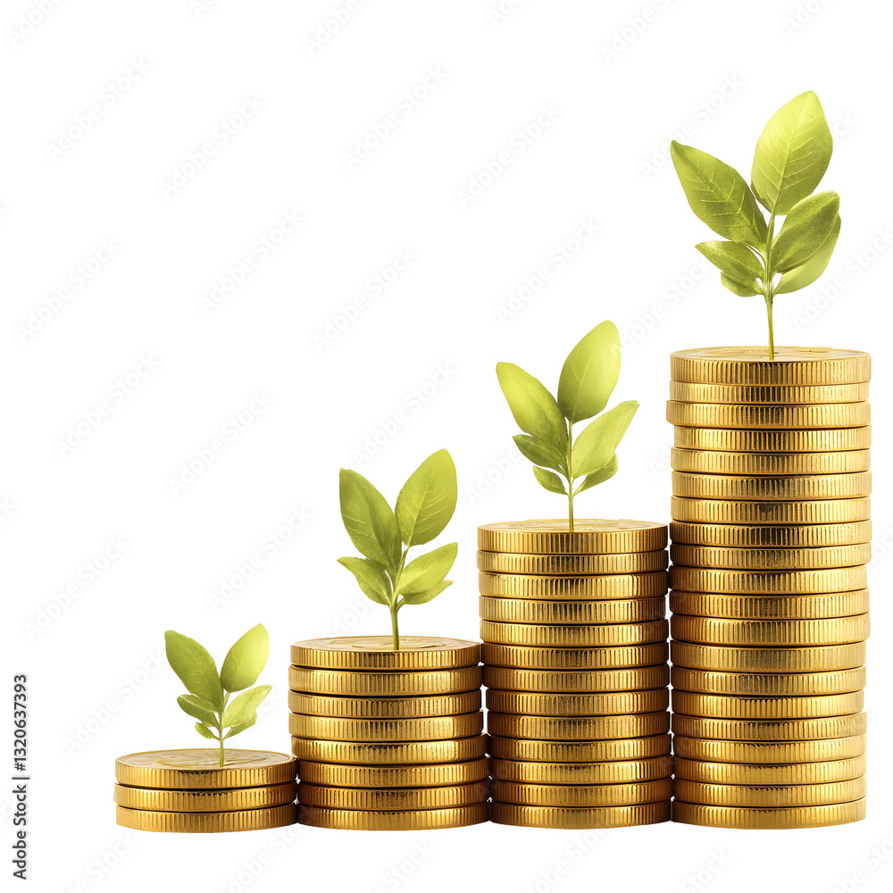 Poster three stacks of shimmering gold coins elegantly positioned to represent monetary growth high detail 